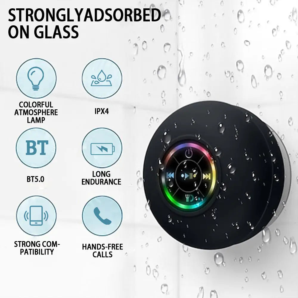 Portable Wireless Bluetooth Speaker LED Light IPX4 Waterproof Loudspeaker Outdoor Bathroom Large Suction Cup Stereo