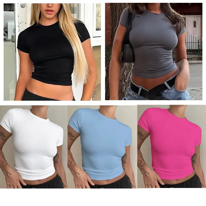 Woman Clothing Short Sleeve T-shirt Slim Fit Tops Female O-Neck Knitted Sheath Tee Shirt Street Wear Sex Sporty 2024