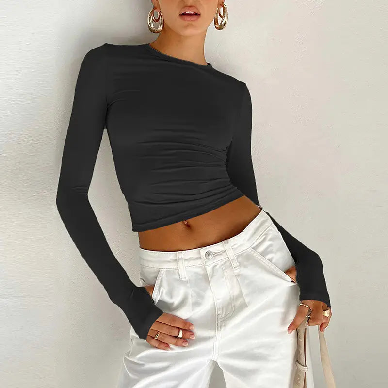 Fashion Women T-shirt Long Sleeve Crew Neck Solid Slim Fit Ladies Crop Top with Thumb Holes for Daily Streetwear Summer