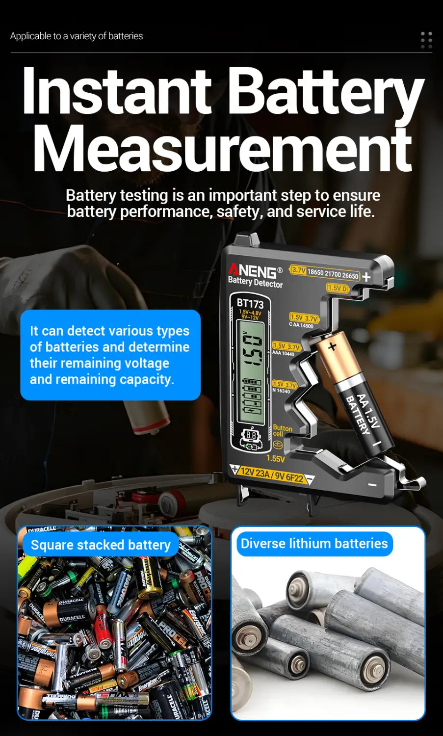 ANENG BT173 Battery Voltage Digital Display Tester Portable Universal High Precision 12V 23A/9V 6F22 Button Cell