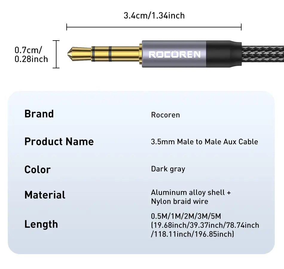 Rocoren Audio Cable 3.5 mm Jack Male to Male Aux Cable For Phone Headphone Car MP3 Speaker Computer 3.5mm Jack Aux Wire