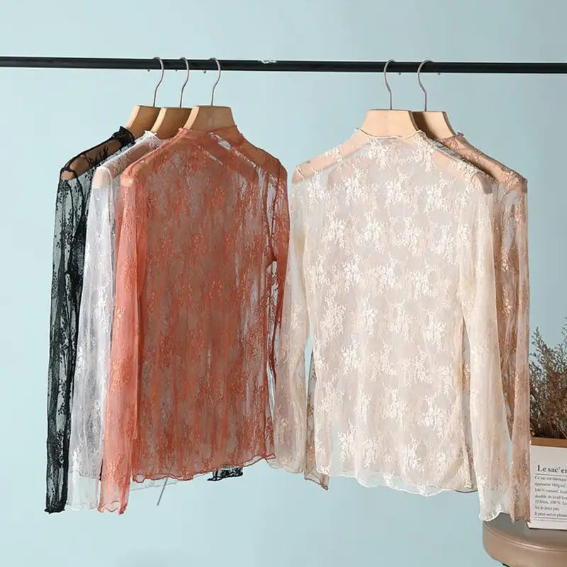 Sexy Women Mesh T-Shirts Transparent Lace Blouse Long Sleeve See Through Tops For Women Bottoming Shirt Sheer Tees Body
