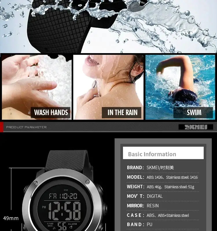 Montre SKMEI Digital Sport Watch Waterproof Chronograph Alarm Men Timepiece