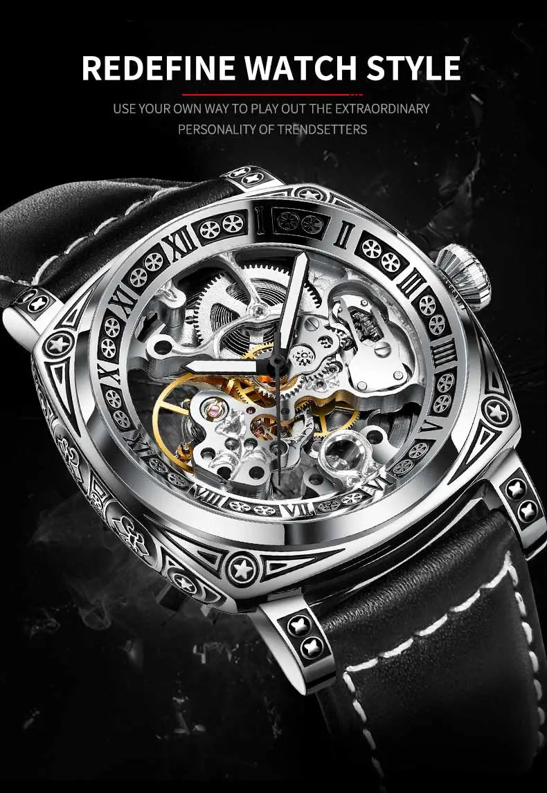 Montre Glenaw Automatic Stainless Steel Waterproof Men’s Carving Watch