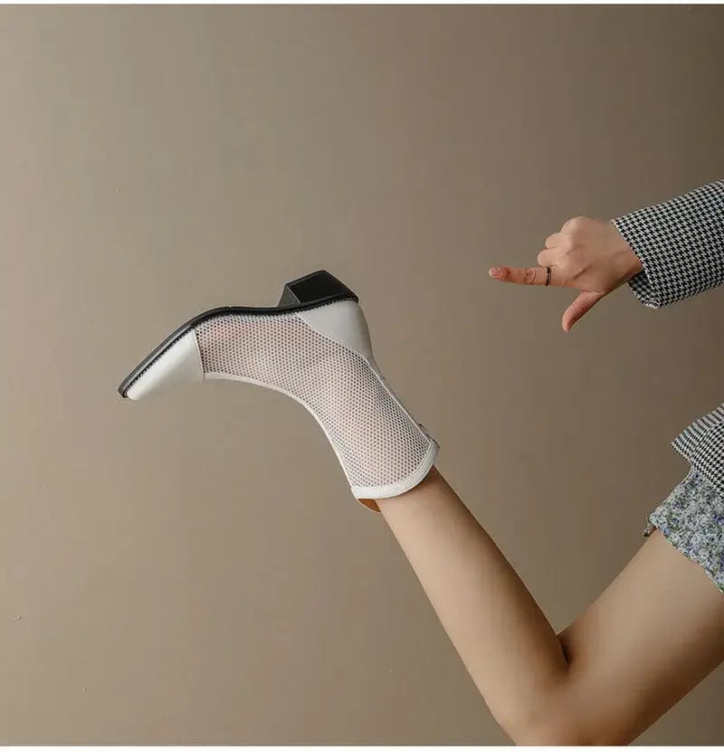Beautiful Shoe’s New Fashion Mesh Sandals Boots Women Mid Heels Shoes Sexy Hollow Out Summer Botas Pointed Toe Heeled