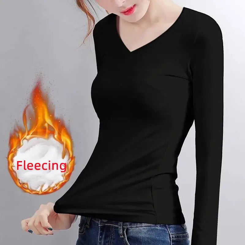 Women Thermal Underwear Winter Turtleneck Bottom Shirt Solid Semi High Collar Long Sleeve Basic T-Shirt Heating Fiber