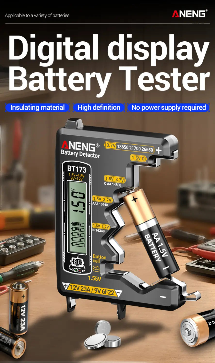 ANENG BT173 Battery Voltage Digital Display Tester Portable Universal High Precision 12V 23A/9V 6F22 Button Cell