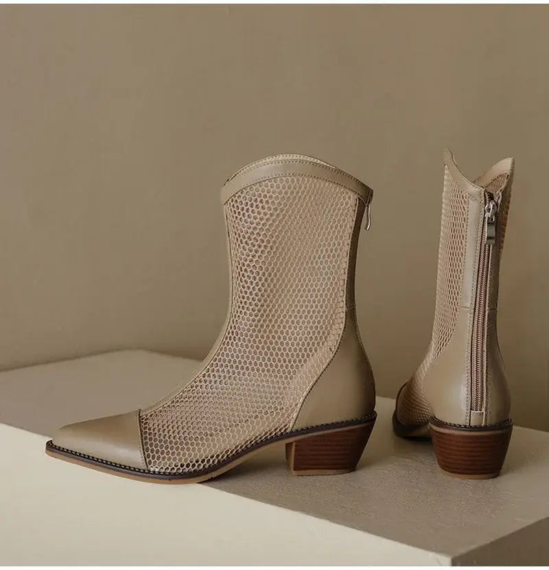 Beautiful Shoe’s New Fashion Mesh Sandals Boots Women Mid Heels Shoes Sexy Hollow Out Summer Botas Pointed Toe Heeled