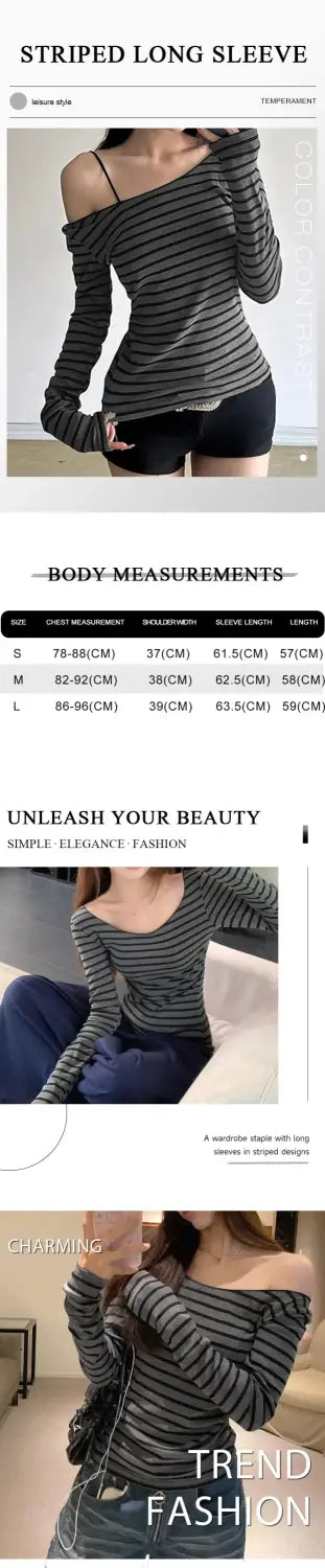 Spring Fall Women’s New Japanese Basic Models Slim Long-Sleeved Striped t-Shirt Strapless Korean Street Style y2k Thin