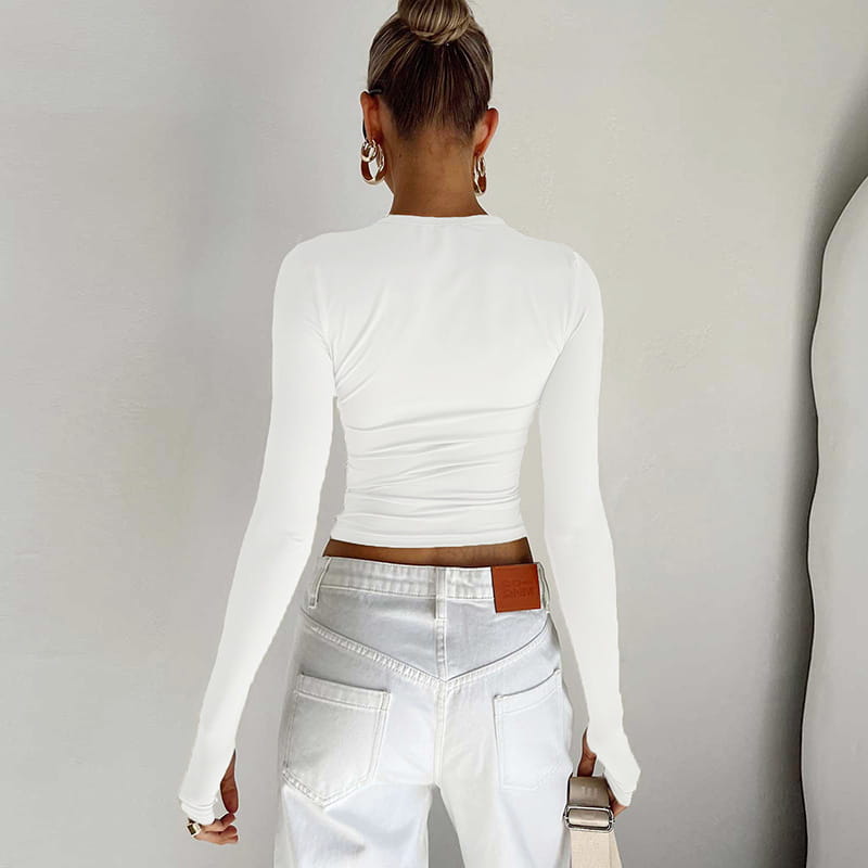 Fashion Women T-shirt Long Sleeve Crew Neck Solid Slim Fit Ladies Crop Top with Thumb Holes for Daily Streetwear Summer