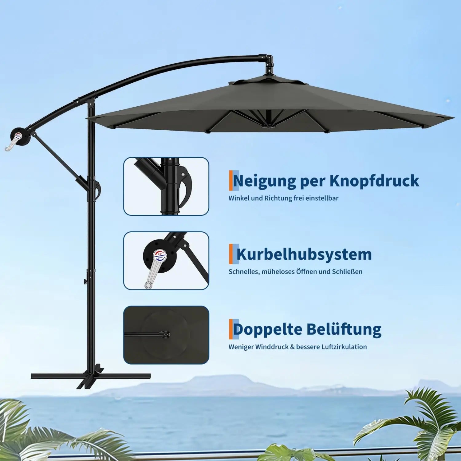 300cm Cantilever Patio Umbrella 360° Rotating Outdoor Parasol Crank & Tilt Water Resistant Garden Sunshade With Stand