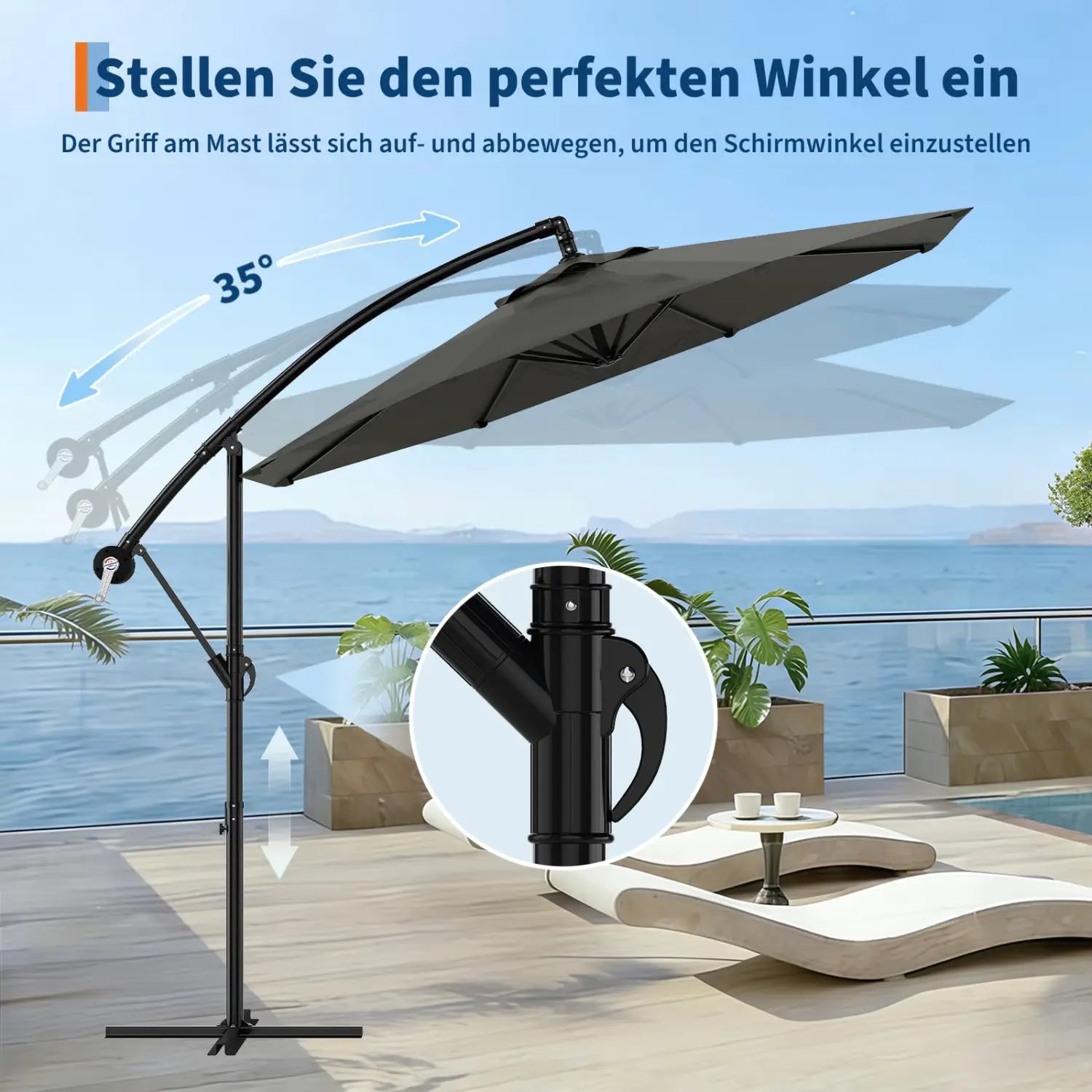 300cm Cantilever Patio Umbrella 360° Rotating Outdoor Parasol Crank & Tilt Water Resistant Garden Sunshade With Stand
