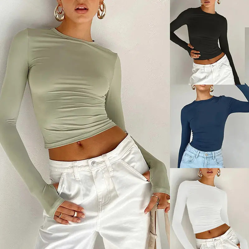Fashion Women T-shirt Long Sleeve Crew Neck Solid Slim Fit Ladies Crop Top with Thumb Holes for Daily Streetwear Summer