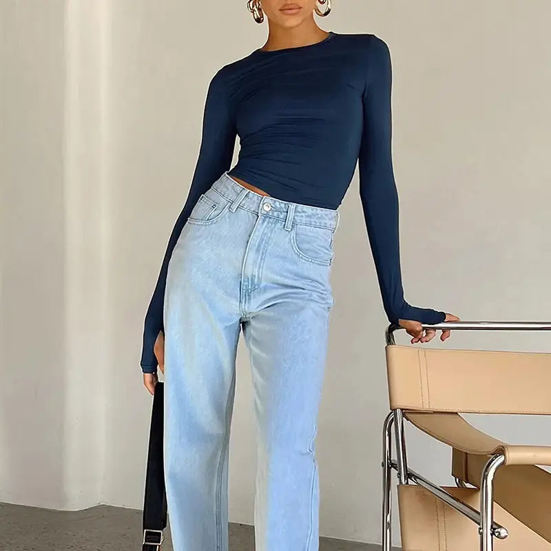 Fashion Women T-shirt Long Sleeve Crew Neck Solid Slim Fit Ladies Crop Top with Thumb Holes for Daily Streetwear Summer