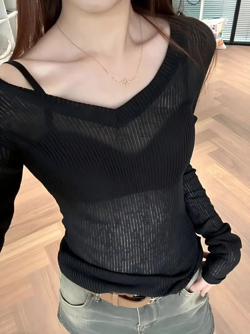 Women Long Sleeve T Shirt Thin Perspective Summer Solid Slim Casual Shirts Female Pullovers Basic Tee Y2k Clothes