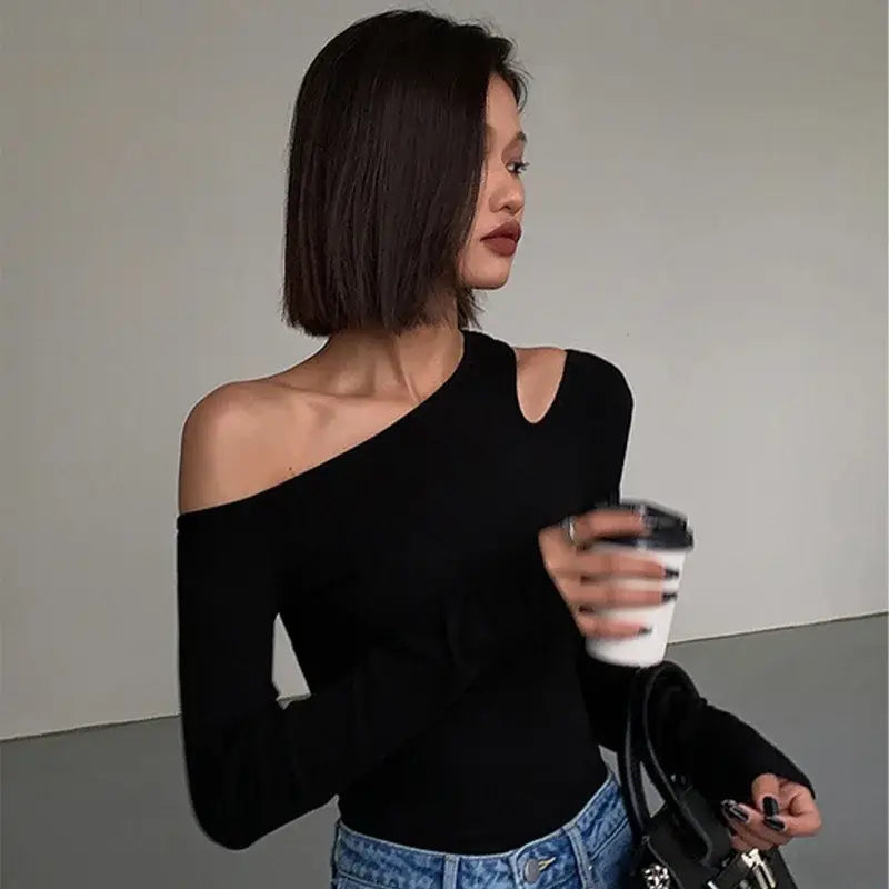 Fashion Skew Collar Off-shoulder Long-sleeved T-shirts Women Spring New Solid Slim Fit Crop Top Sexy Hollow Out Tees