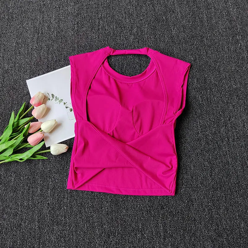 Sexy Short Yoga Top Backless Fixed Chest Pad Sports T-shirt Vest Women’s Tight Quick Drying Slimming Yoga Suit Top