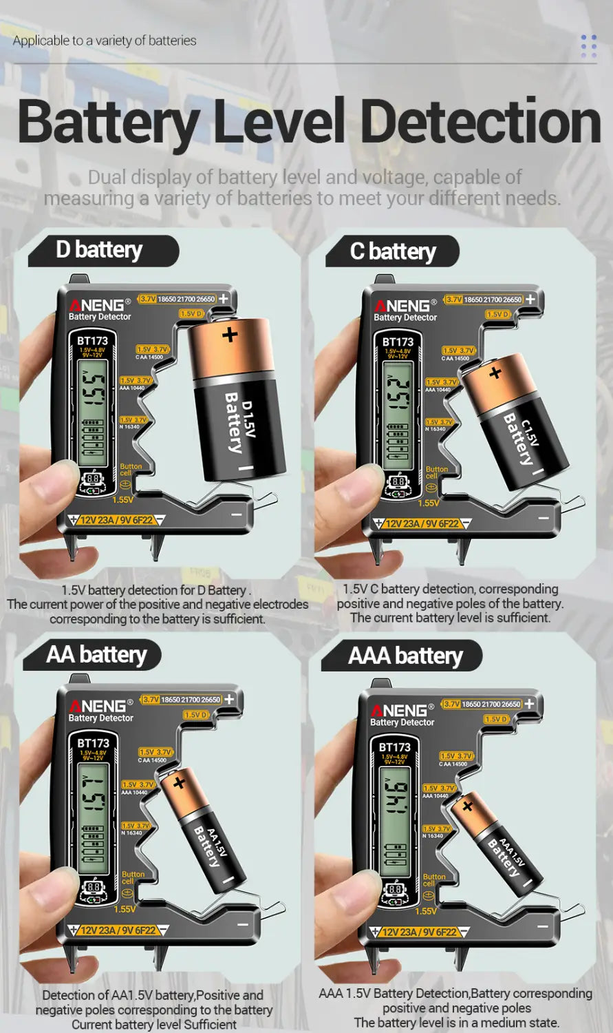 ANENG BT173 Battery Voltage Digital Display Tester Portable Universal High Precision 12V 23A/9V 6F22 Button Cell