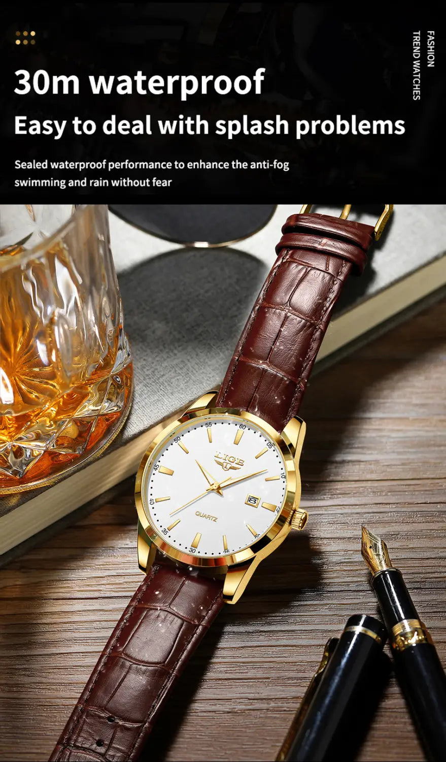 Montre LIGE Women Waterproof Leather Chronograph Watch
