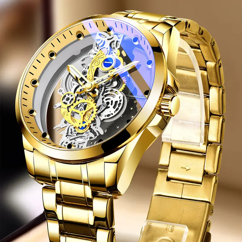 Montre New Fashion Double Hollow Watch Men Luxury Gold Watches Imitation Mechanical Tourbillon Quartz Wristwatches Men