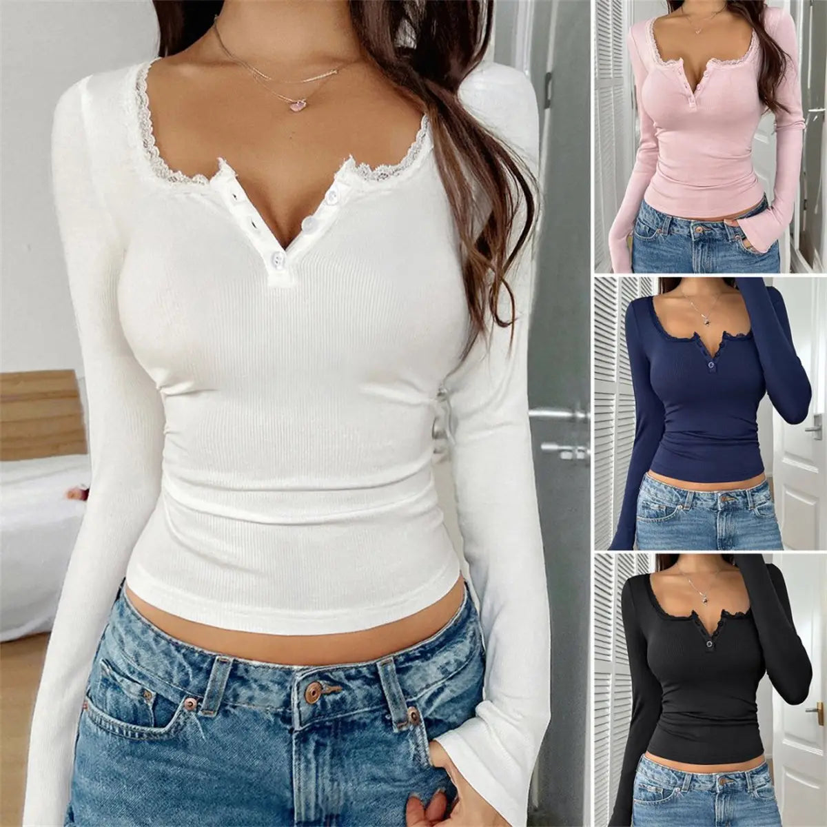 Women Y2K Lace Button Tops Autumn Spring Long Sleeve Solid Fashion T-shirts Slim Sexy Basic Pullover Shirt Casual