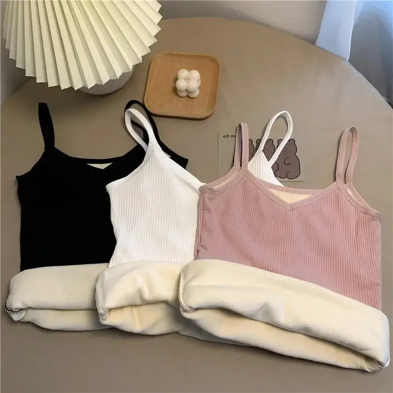 Women Winter Warm Underwear Solid Color Thermal Casual Nightwear Sexy Elasticity Female Thin Velvet T-shirt Sleeveless