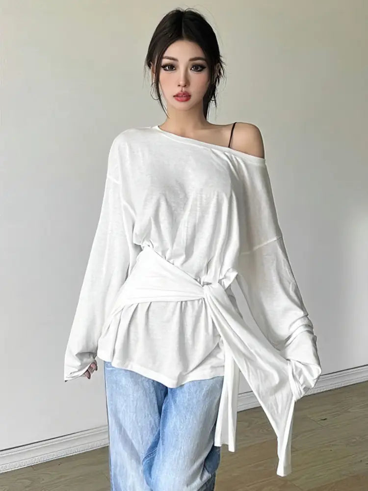 See Through Long sleeve Oversize T shirt Women Sexy Back Bandage Off shoulder Top Female Basic Long Tees Korean Chic