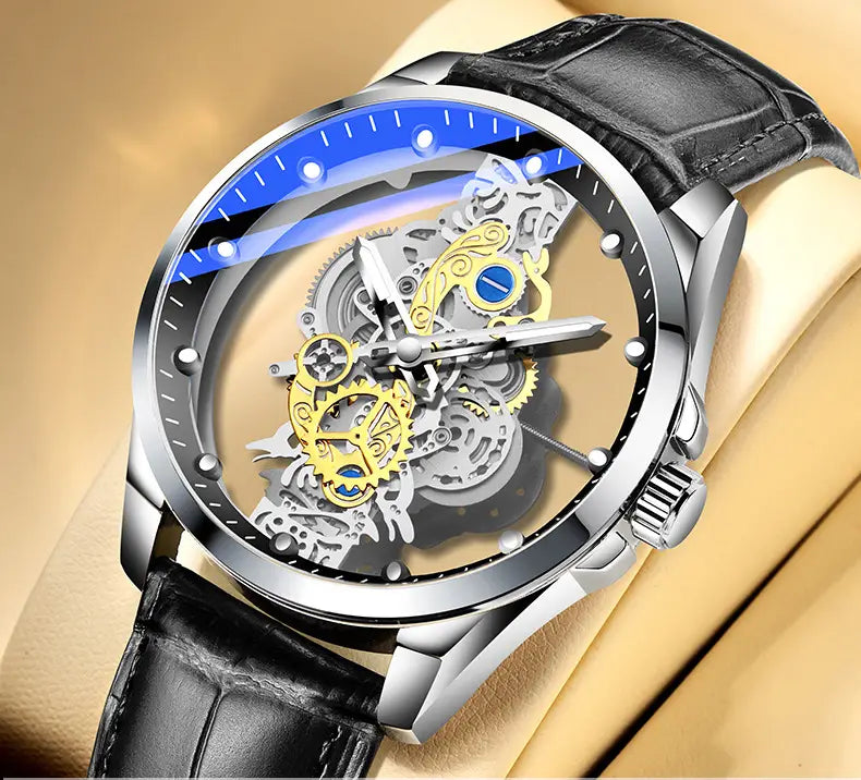 Montre New Fashion Double Hollow Watch Men Luxury Gold Watches Imitation Mechanical Tourbillon Quartz Wristwatches Men