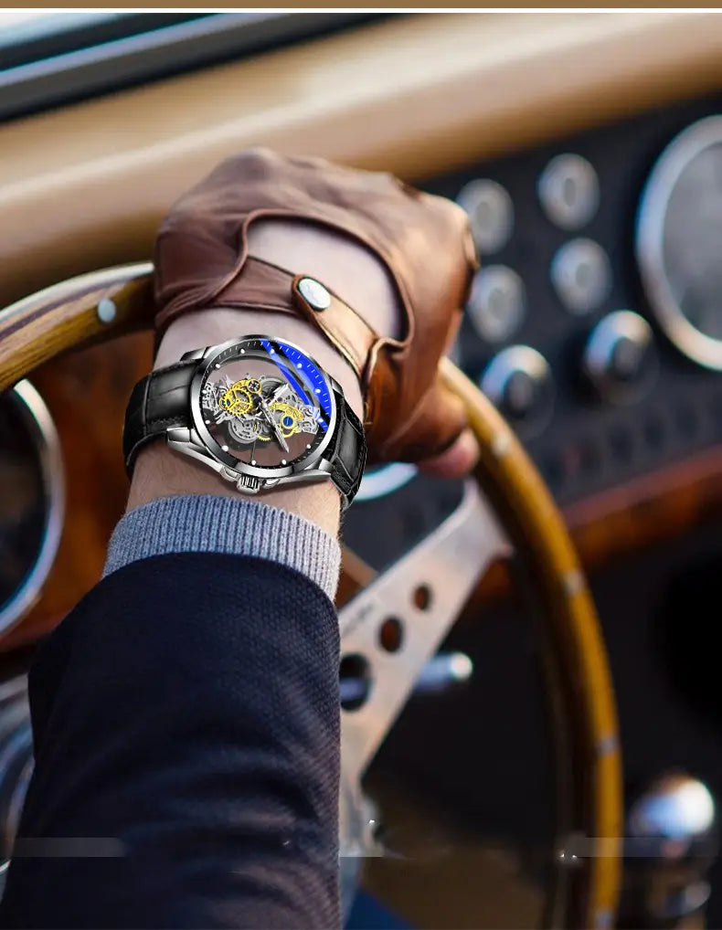 Montre New Fashion Double Hollow Watch Men Luxury Gold Watches Imitation Mechanical Tourbillon Quartz Wristwatches Men