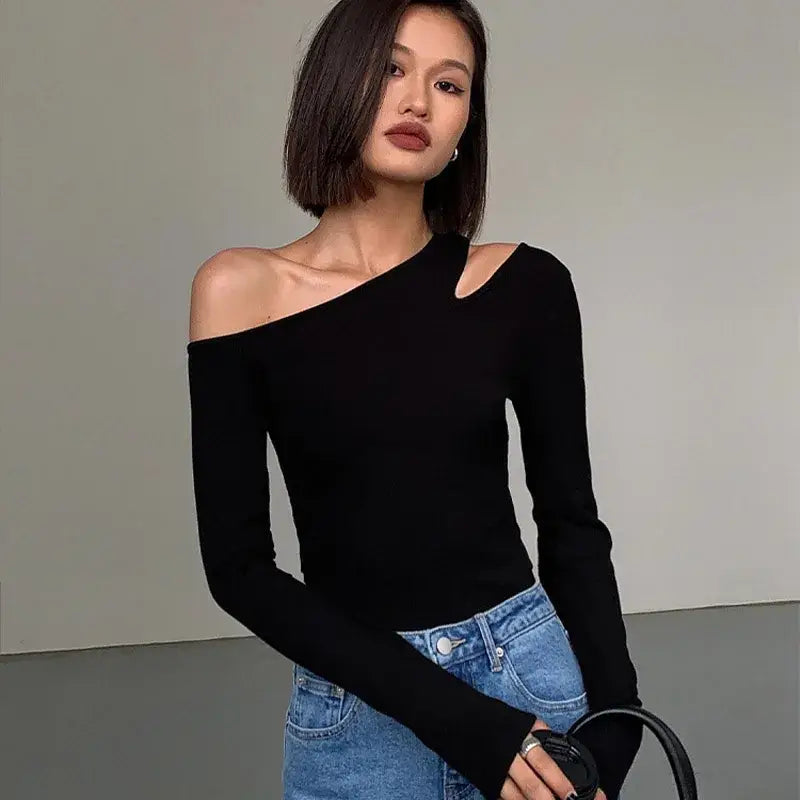 Fashion Skew Collar Off-shoulder Long-sleeved T-shirts Women Spring New Solid Slim Fit Crop Top Sexy Hollow Out Tees