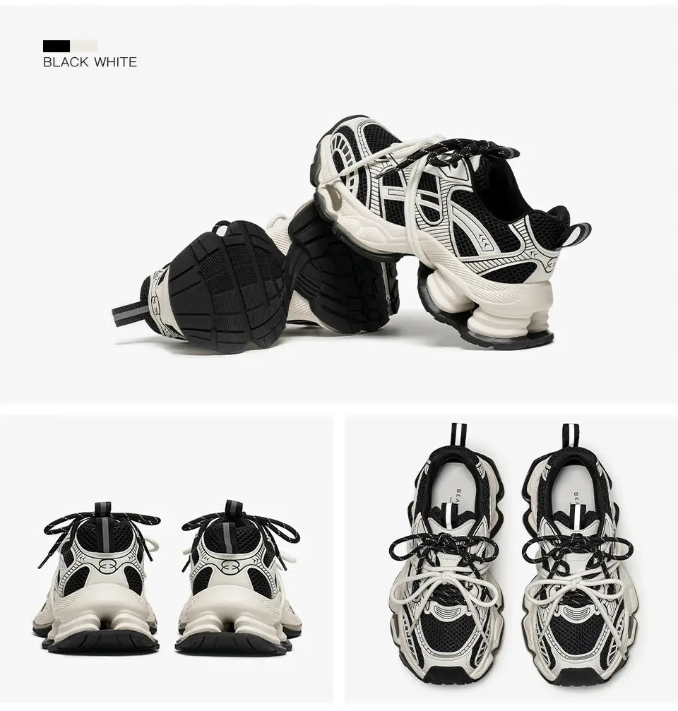 Beautiful Shoe’s BEAUTODAY Chunky Sneakers Women Synthetic Leather Mesh Mixed Color Round Toe Lace-Up Sports Trainer