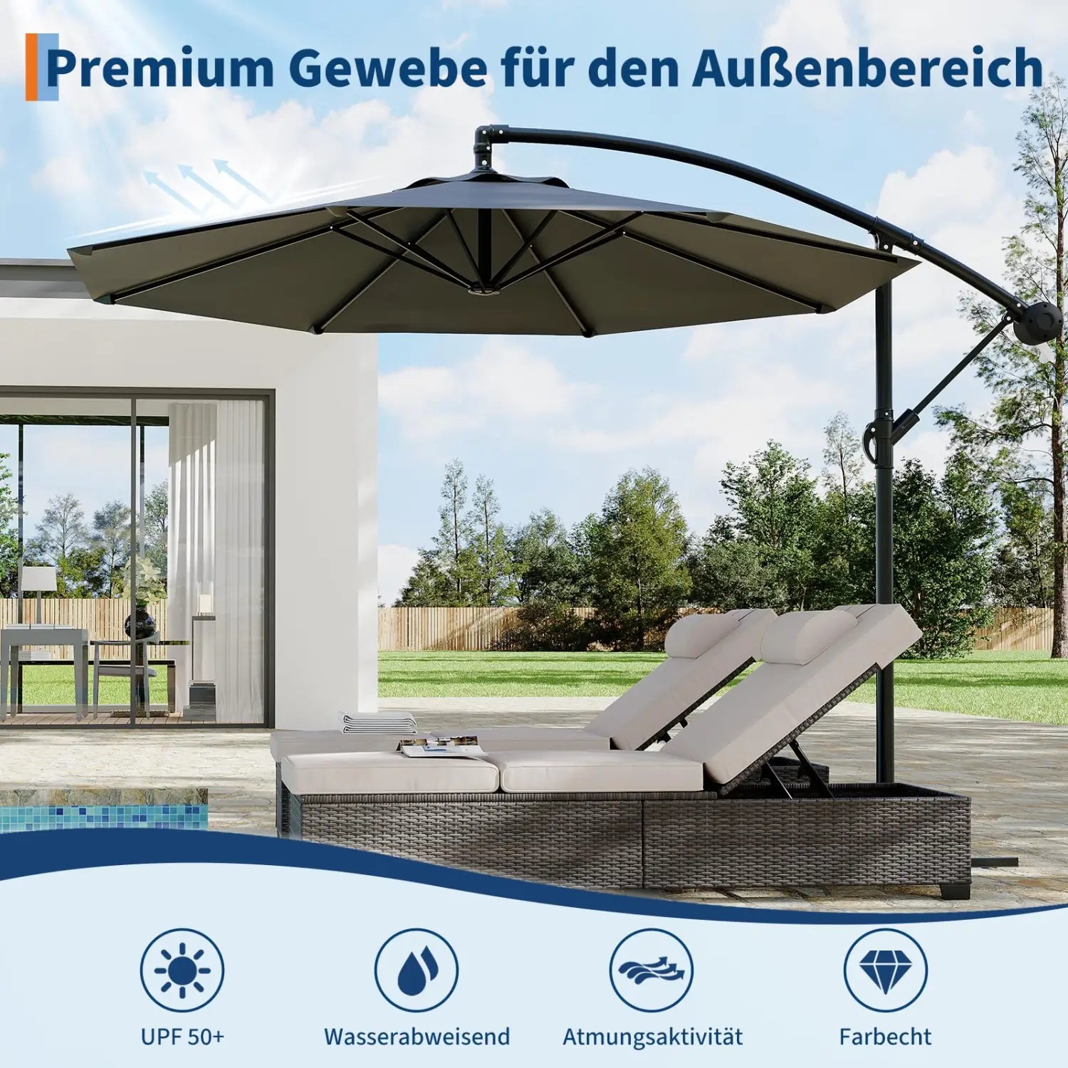 300cm Cantilever Patio Umbrella 360° Rotating Outdoor Parasol Crank & Tilt Water Resistant Garden Sunshade With Stand