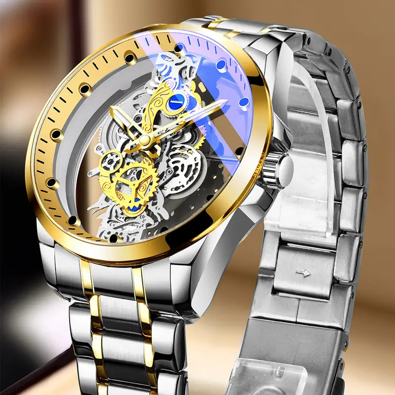 Montre New Fashion Double Hollow Watch Men Luxury Gold Watches Imitation Mechanical Tourbillon Quartz Wristwatches Men