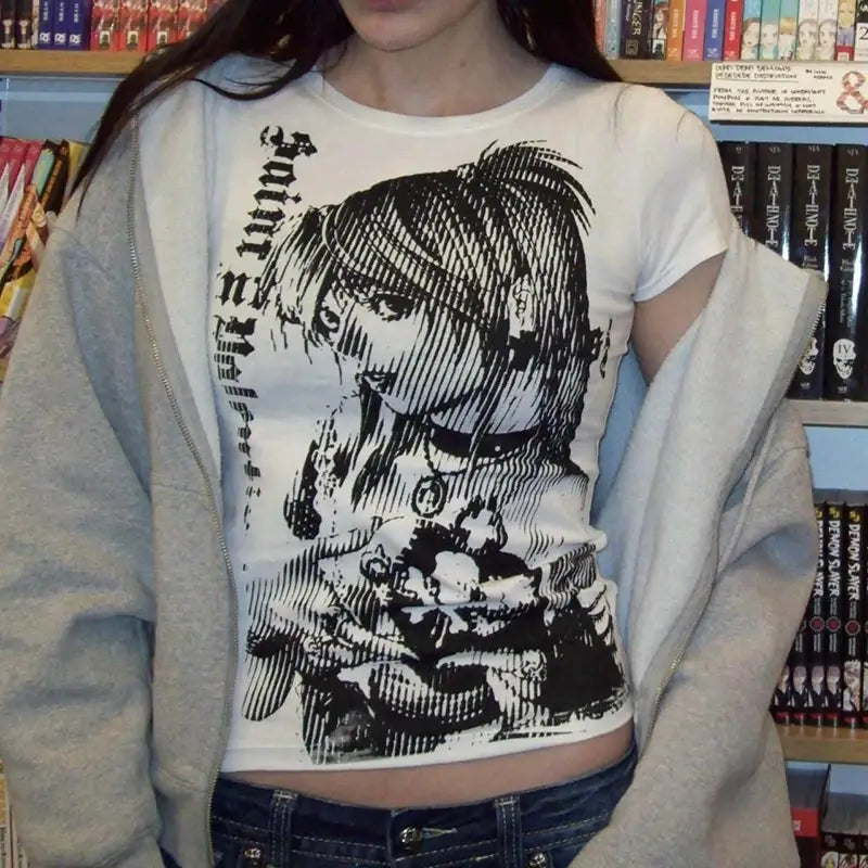 Y2k anime Streetwear O-neck 90s Text Printing Tops Women Harajuku Clothes Simple Vintage Crop Tee Aesthetic emo Casual