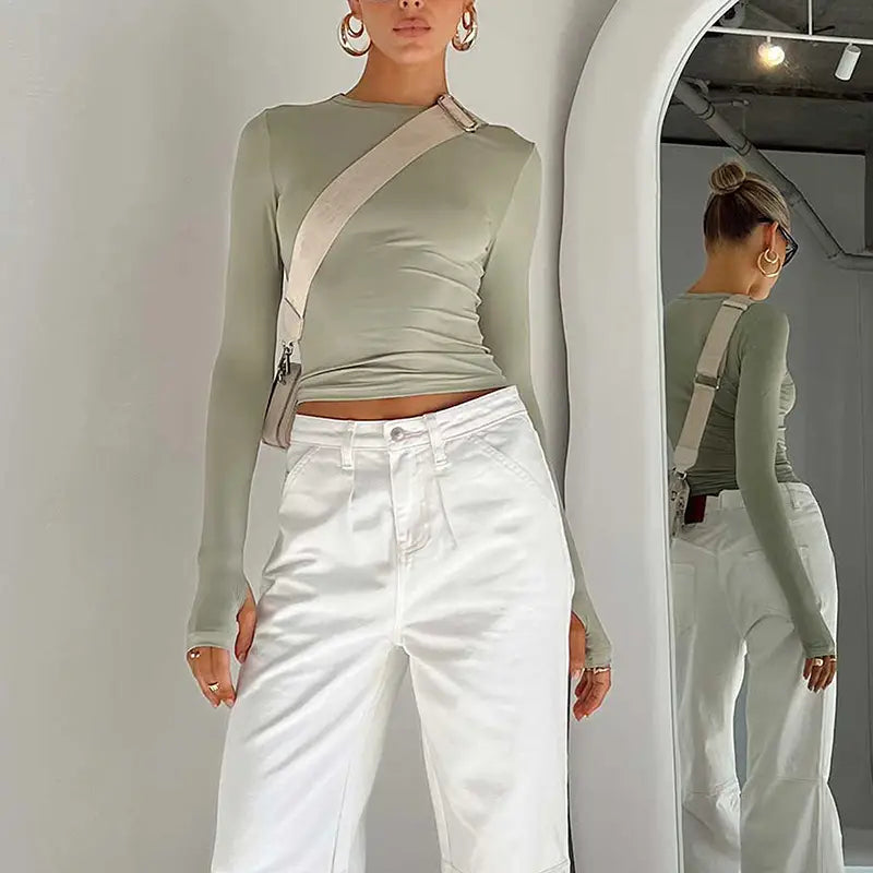 Fashion Women T-shirt Long Sleeve Crew Neck Solid Slim Fit Ladies Crop Top with Thumb Holes for Daily Streetwear Summer
