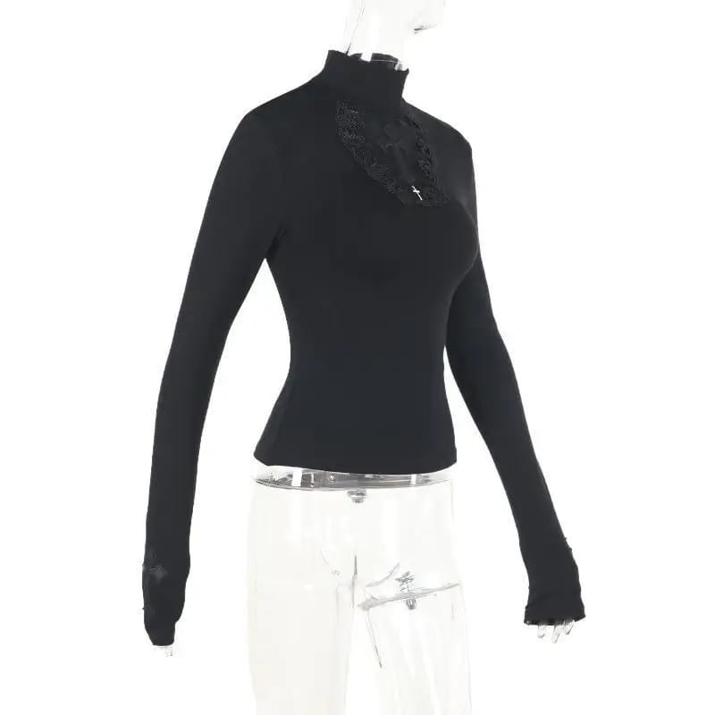 Turtleneck Top Y2k Clothes Black Gothic Cross Hollow Slimming Bottom T Shirt for Women Long Sleeve Sexy T-shirt Girls