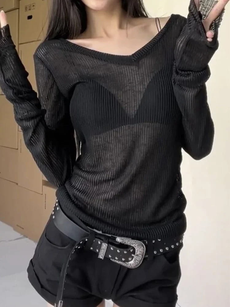 Women Long Sleeve T Shirt Thin Perspective Summer Solid Slim Casual Shirts Female Pullovers Basic Tee Y2k Clothes