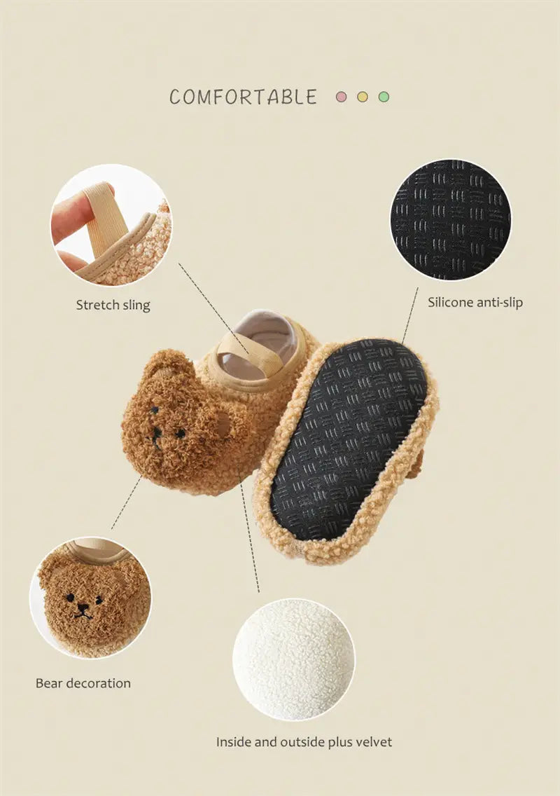 Beautiful Shoe’s Cartoon Bear Baby Shoes Winter Thick Warm Newborn Shoes Non-slip Soled Soft Plush Toddler Kids Boy