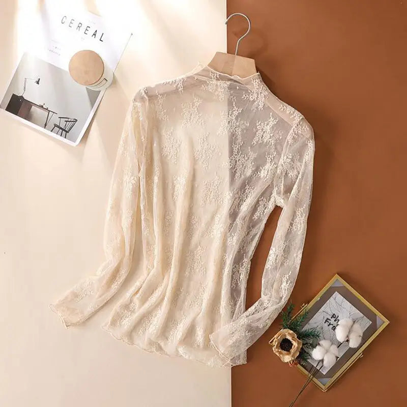 Sexy Women Mesh T-Shirts Transparent Lace Blouse Long Sleeve See Through Tops For Women Bottoming Shirt Sheer Tees Body
