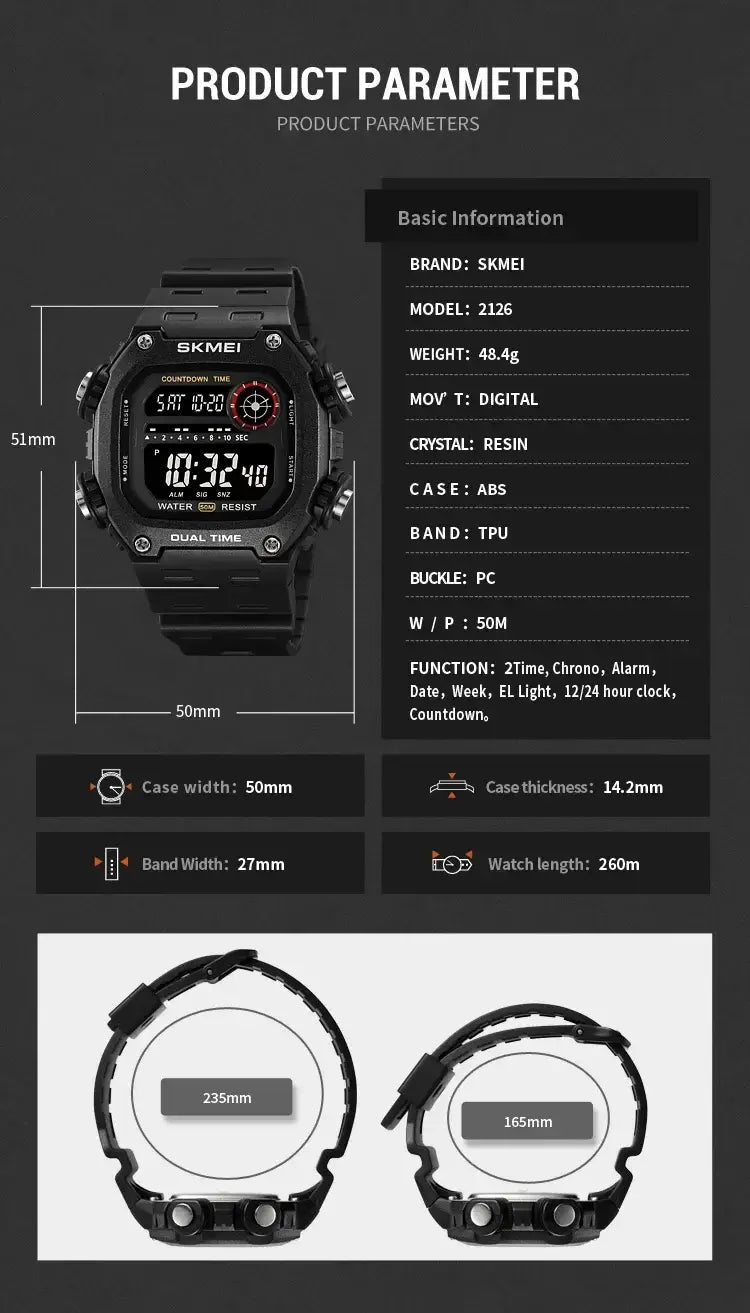 SKMEI 2126 Digital Sports Watch 50m Waterproof Countdown Alarm