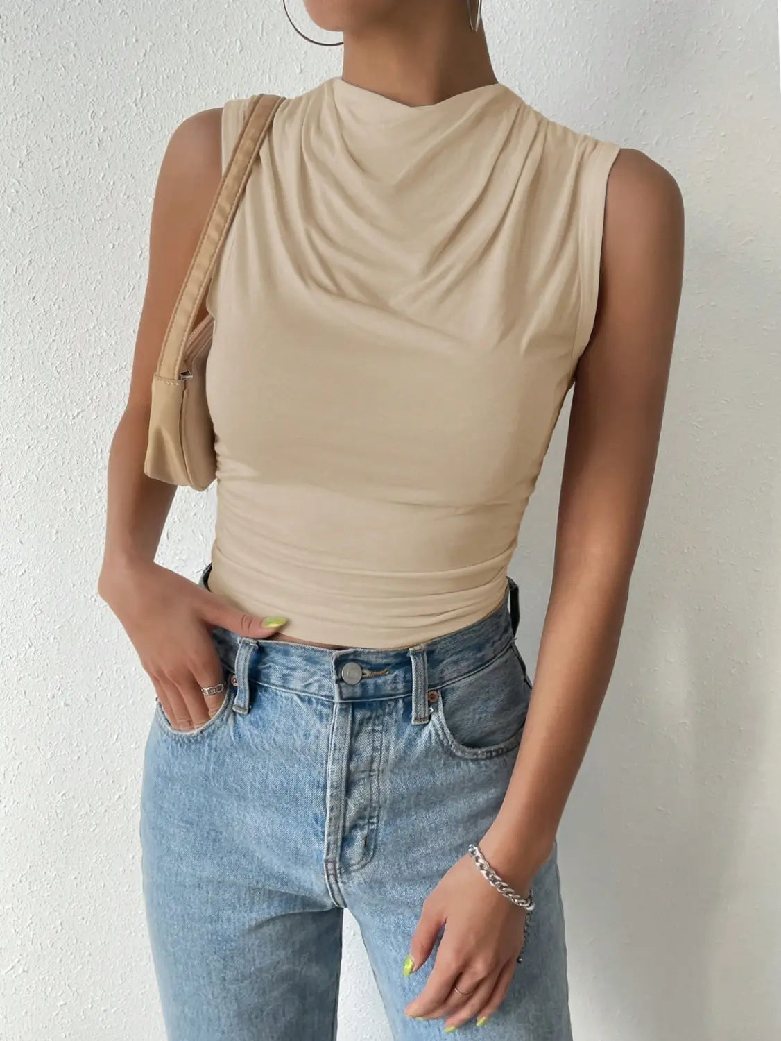 Women’s Casual Pleated Design Top Summer Fashion Street Style Solid Color Slim Half High Neck Sleeveless T-Shirt Top