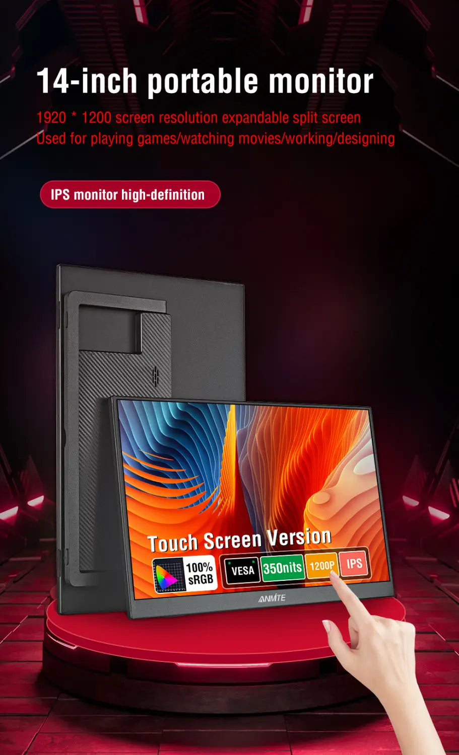 14 Inch Portable Touch Monitor Non-touch optional 16:10 400cd/m2 Gaming Computer Expand Display For XBox PS4/5 Switch