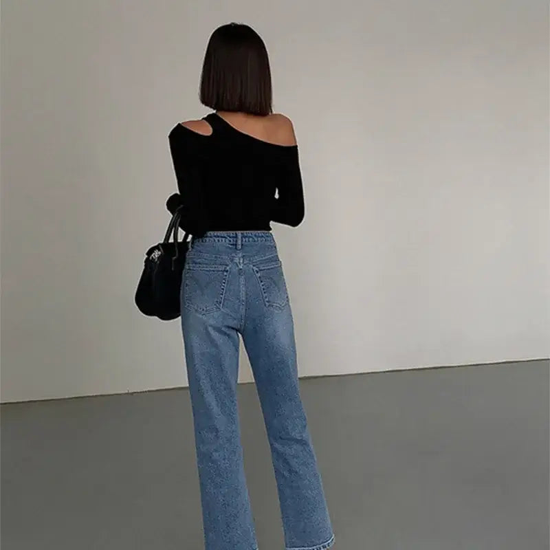 Fashion Skew Collar Off-shoulder Long-sleeved T-shirts Women Spring New Solid Slim Fit Crop Top Sexy Hollow Out Tees