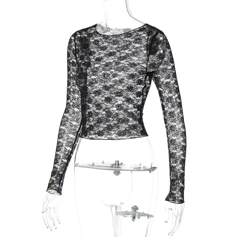 Mooyufon Long Sleeves See Through Lace Crop Top Solid Sexy Bodycon T-Shirt For Women Party Club Autumn Winter Clothes