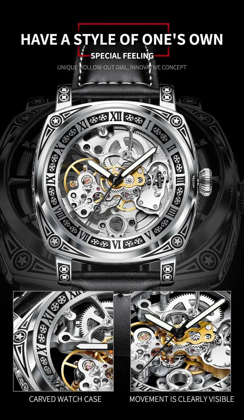 Montre Glenaw Automatic Stainless Steel Waterproof Men’s Carving Watch
