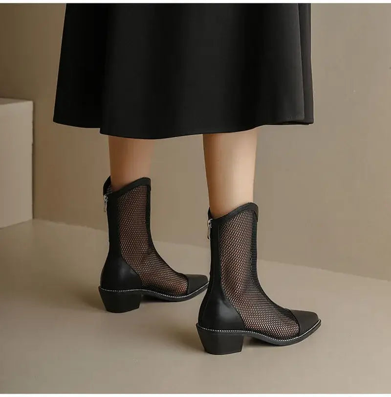 Beautiful Shoe’s New Fashion Mesh Sandals Boots Women Mid Heels Shoes Sexy Hollow Out Summer Botas Pointed Toe Heeled