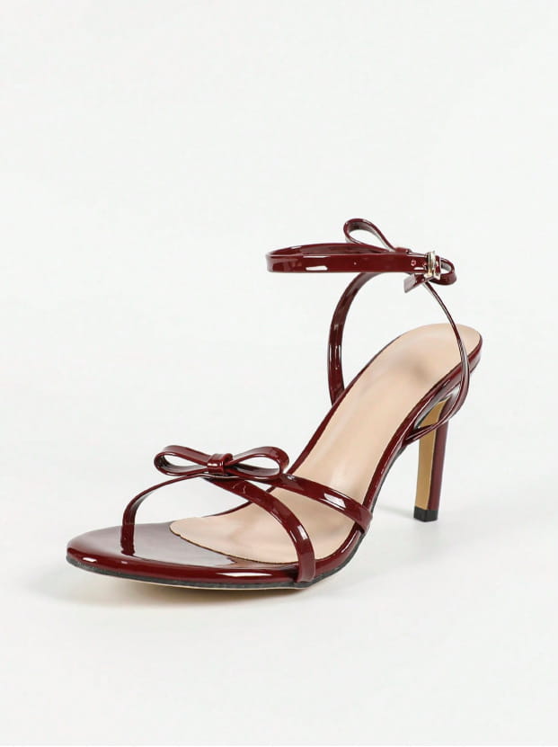 Beautiful Shoe’s Women’s Bow Cross Strap Ankle Strap Round Head Stiletto Sandals Burgundy Heels Chaussures Femme Été