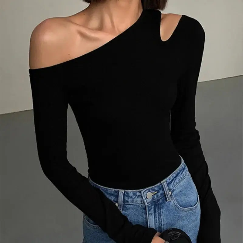 Fashion Skew Collar Off-shoulder Long-sleeved T-shirts Women Spring New Solid Slim Fit Crop Top Sexy Hollow Out Tees
