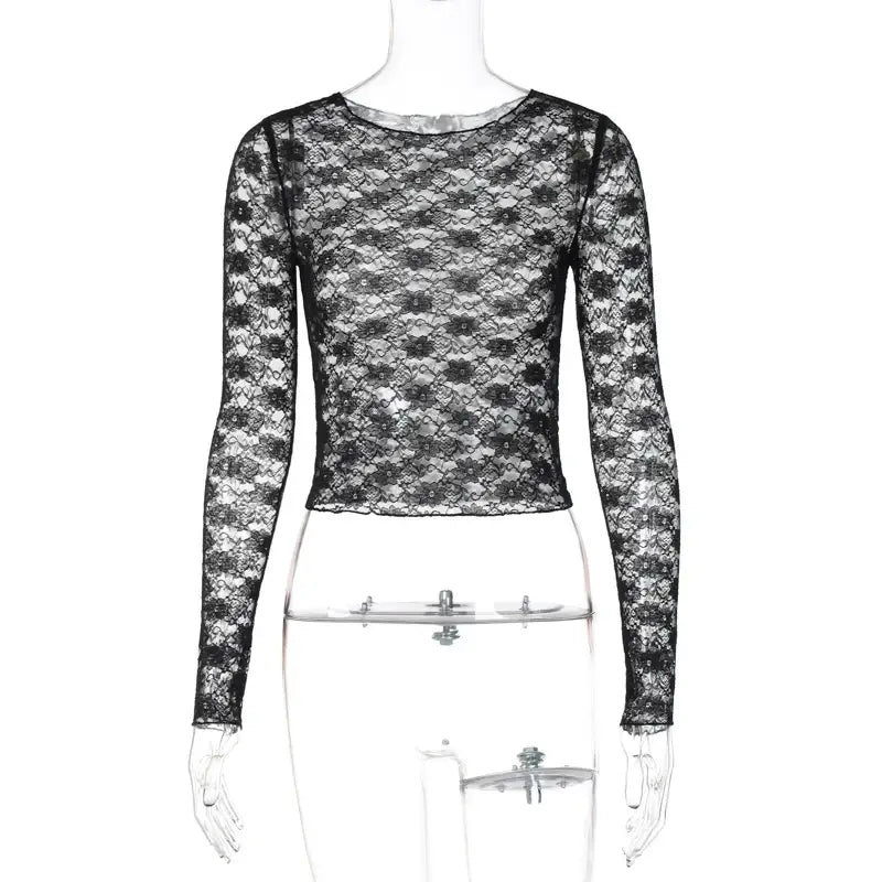 Mooyufon Long Sleeves See Through Lace Crop Top Solid Sexy Bodycon T-Shirt For Women Party Club Autumn Winter Clothes