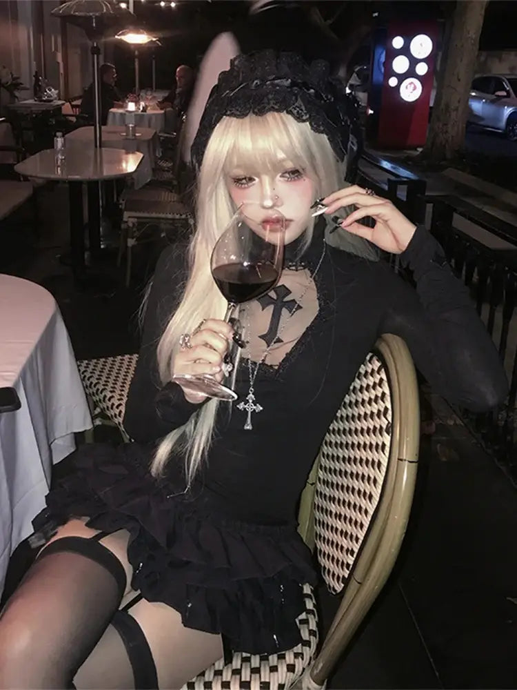 Turtleneck Top Y2k Clothes Black Gothic Cross Hollow Slimming Bottom T Shirt for Women Long Sleeve Sexy T-shirt Girls